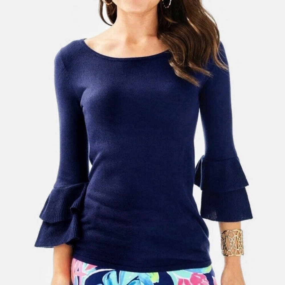 LILLY PULITZER Navy Blue Clare Tiered Ruffle Sleeve Sweater